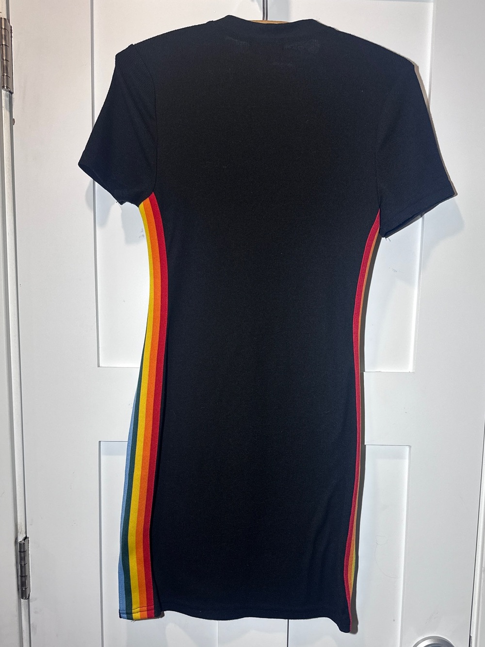 Women’s M Fitted Black Knit T-Shirt Dress with Rainbow Side Stripes Pride - Picture 2 of 6